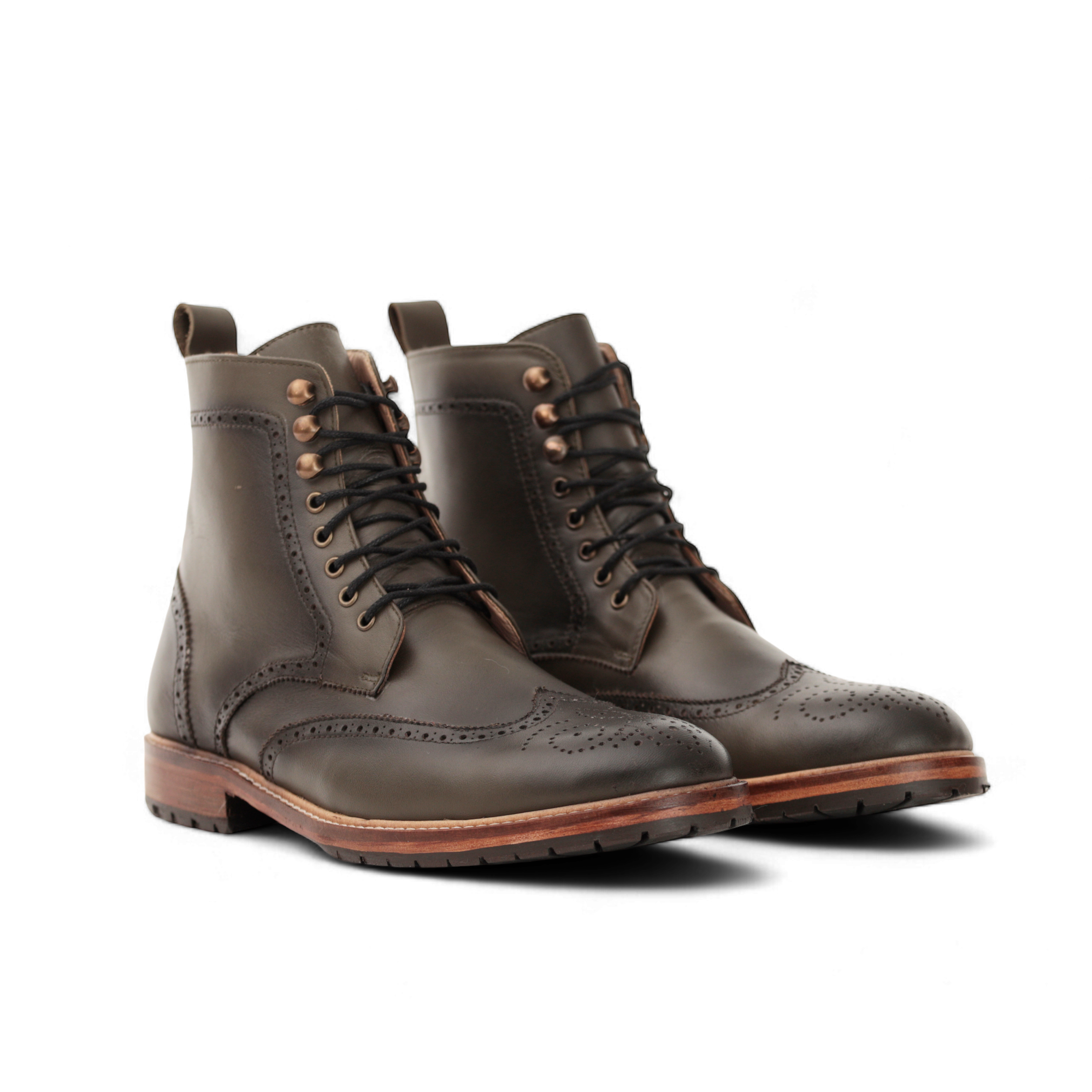 Combat Boots – Cuir lisse Vert olive brogue - Ayilmas