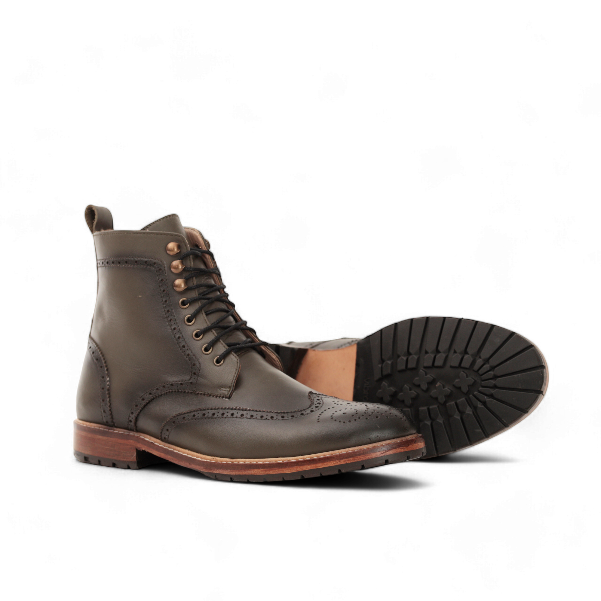 Combat Boots – Cuir lisse Vert olive brogue - Ayilmas